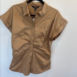 NWT Lauren Ralph Lauren tan beige ruched short sleeve button down work top 14